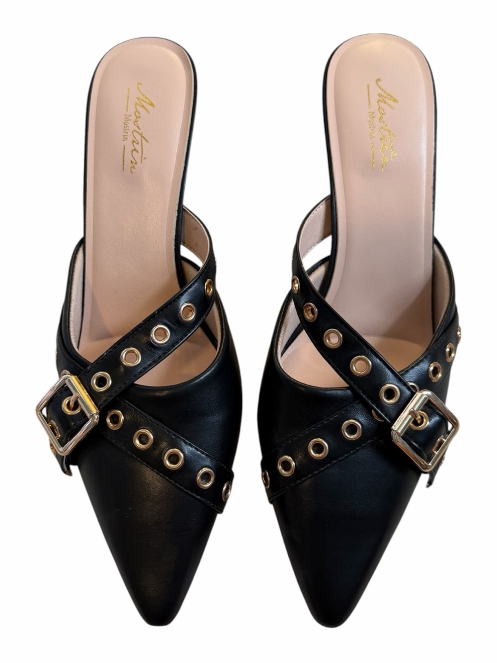 MARINA Black Leather Pointed Mule with Gold Buckles